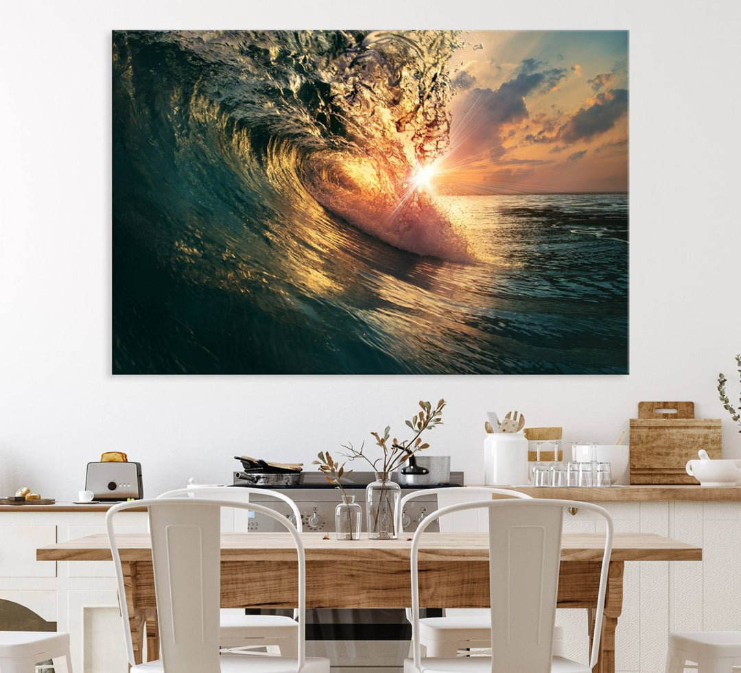 A triptych seascape titled Ocean Wave Sunset Canvas, featuring a stunning ocean view at sunset, is beautifully framed and ready to hang.