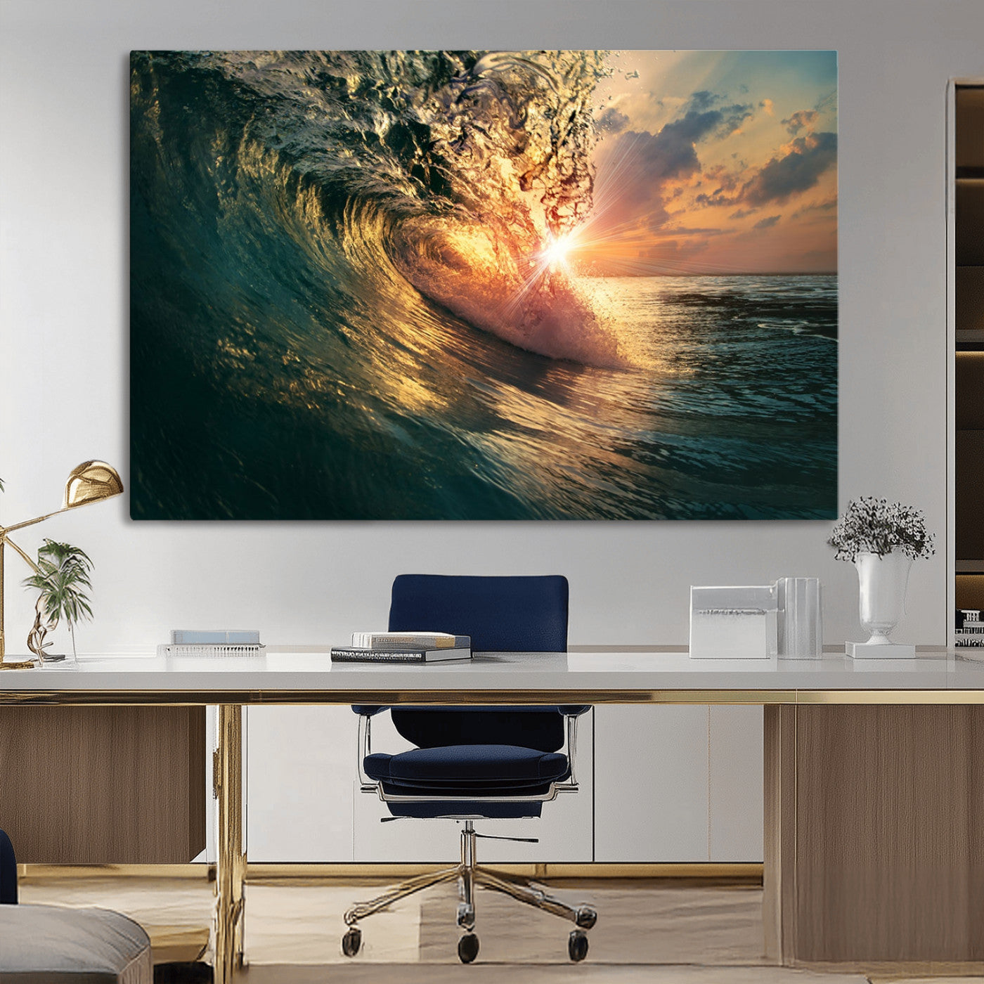 MGV-CV-36X24 - Ocean Wave Sunset Canvas Wall Art – Triptych Seascape Print – Framed and Ready to Hang for Living Room or Office