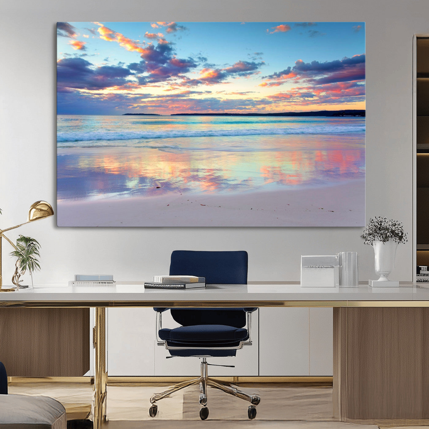 MGV-CV-36X24 - Tranquil Pastel Sunset Beach Triptych Canvas Art, Soothing Coastal Ocean Shoreline Giclee Print, Beach Reflections Wall Decor for Serene Spaces