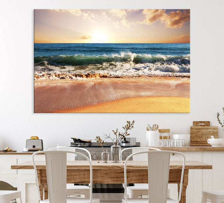 The wall features a Canon-quality Serene Beach Path canvas giclee print, depicting coastal dunes.