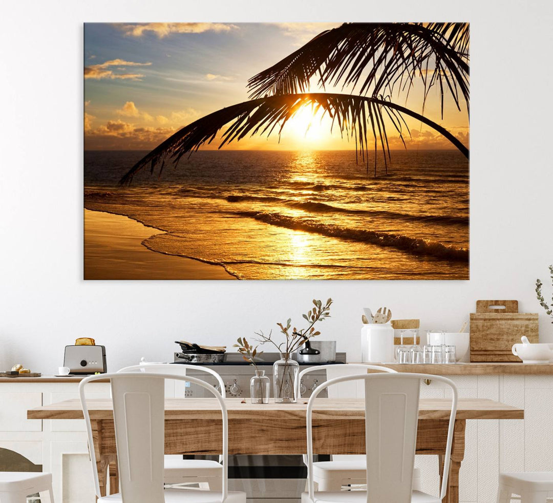 Golden Tropical Beach Sunset Canvas Triptych: Coastal Palm Art & Giclee Print with Gallery Wrap, capturing golden waves.