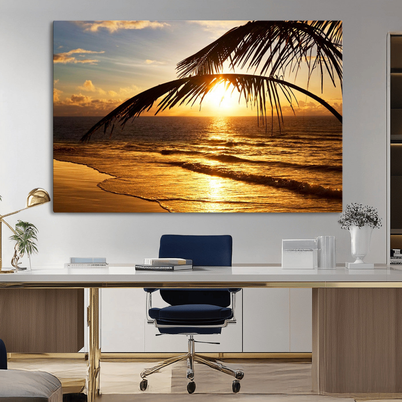 MGV-CV-36X24 - Golden Tropical Beach Sunset Canvas Triptych, Coastal Palm Tree Wall Art, Ocean Shoreline Giclee Print with Gallery Wrap