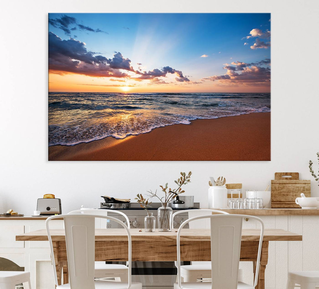 The living room showcases a Serene Ocean Sunset Canvas Print.