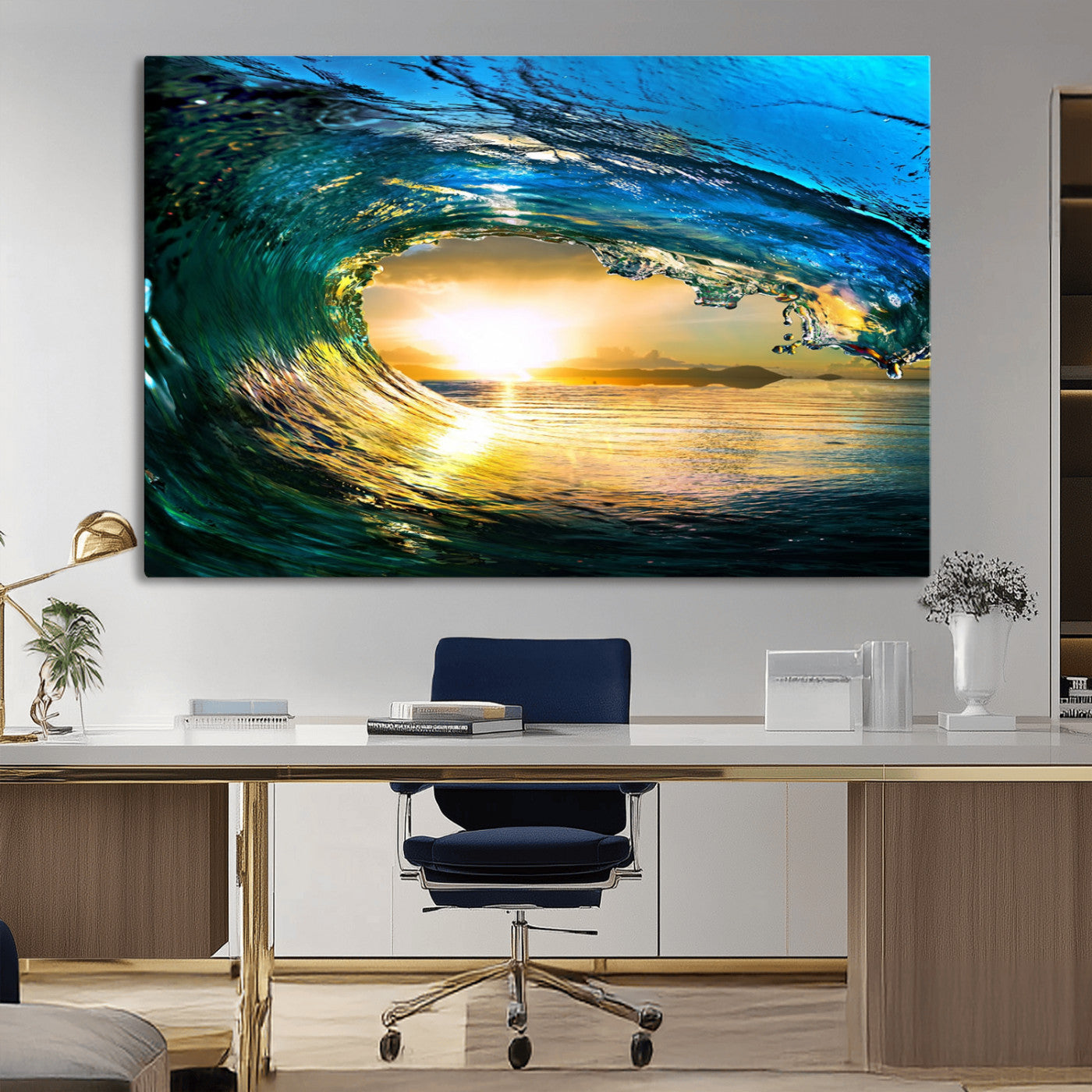 MGV-CV-36X24 - Ocean Wave at Sunset Canvas Art, Large Wall Print of Vibrant Water Waves, Coastal Art for Living Room and Dining Room