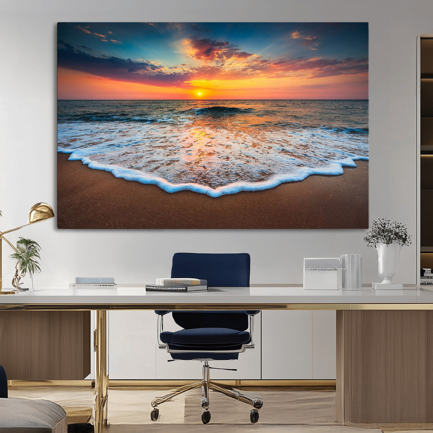 MGV-CV-36X24 - Sunset Beach Canvas Wall Art – Colorful Ocean Waves Triptych – Coastal Decor for Living Room or Bedroom – Framed and Ready to Hang