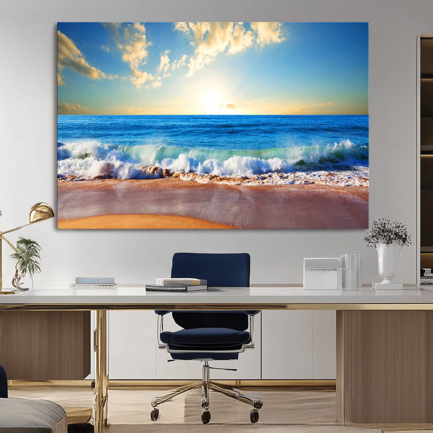 MGV-CV-36X24 - Tropical Beach Sunset Canvas Art, Ocean Waves and Sandy Shoreline Wall Art, Large Beach Decor for Coastal Homes