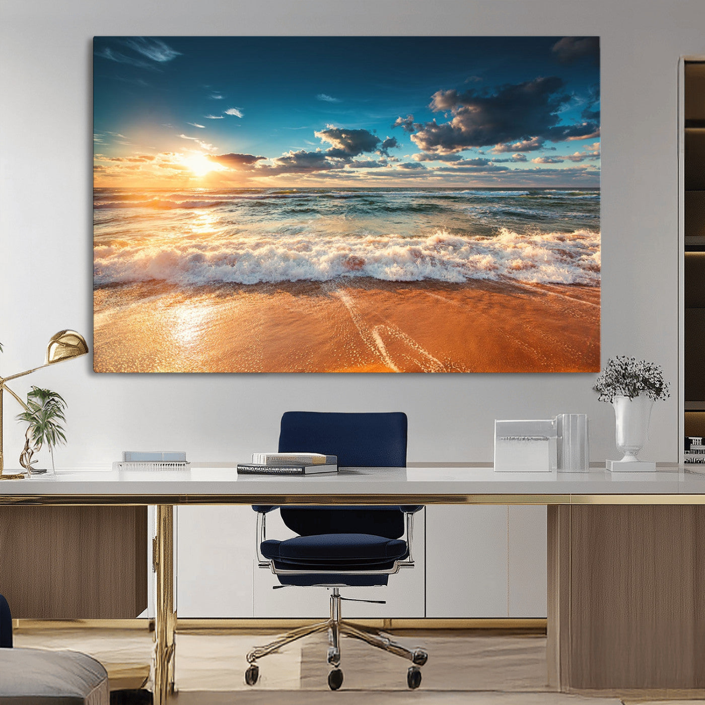 MGV-CV-36X24 - Golden Sunset Beach Triptych Canvas Art, Giclee Coastal Wall Decor, Ocean Waves Print, Modern Beach Scene for Home or Office
