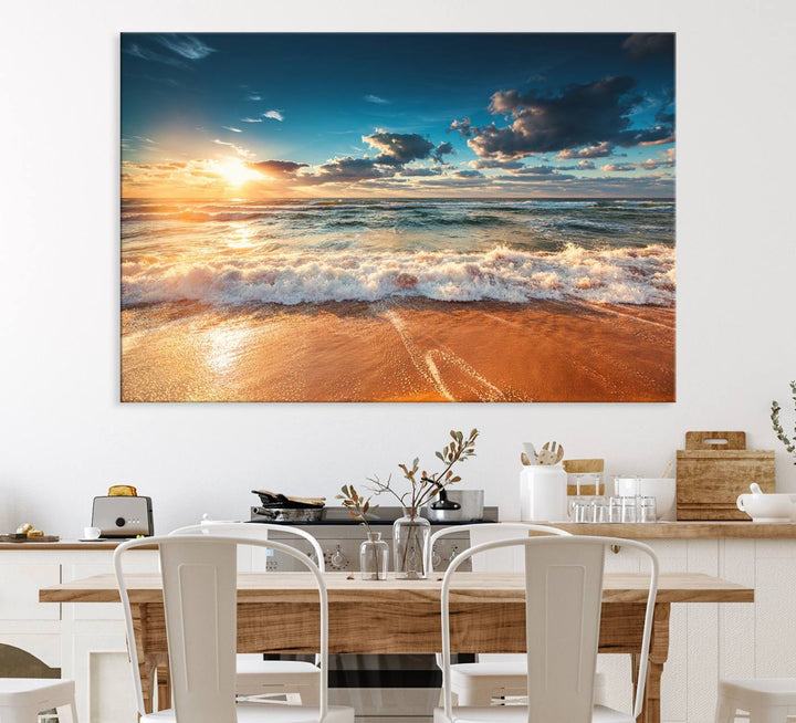 A Golden Sunset Beach Triptych Canvas Art hangs on a white wall.