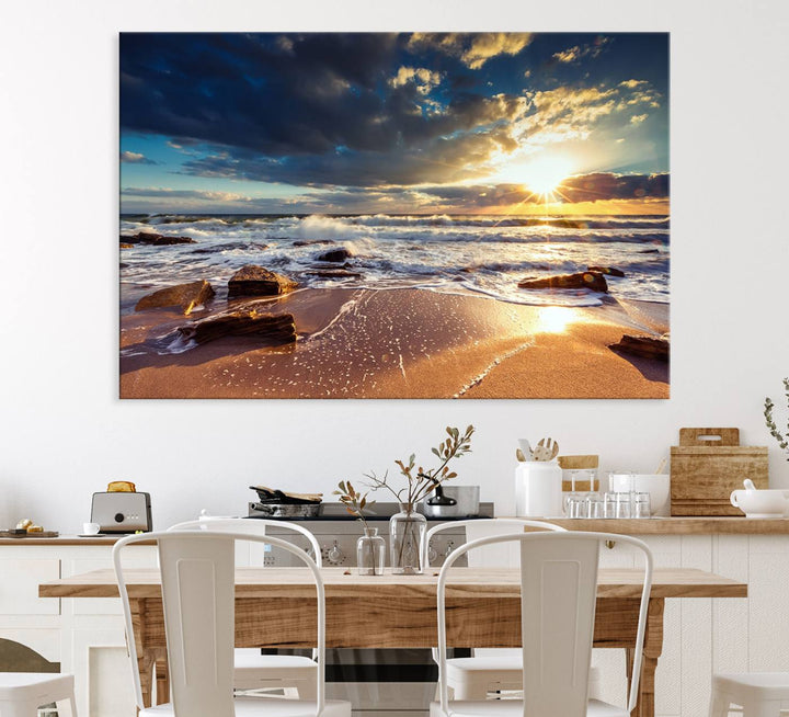 The Golden Hour Beach Sunset triptych adorns the wall with its captivating imagery.