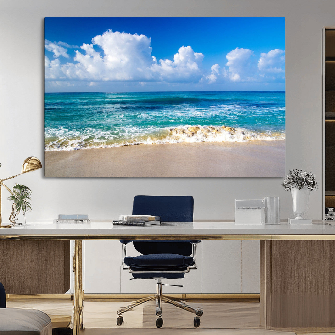 MGV-CV-36X24 - Tropical Beach 3-Panel Canvas Wall Art – Serene Ocean Waves and Blue Sky – Giclée Print for Living Room, Office, or Bedroom Coastal Decor