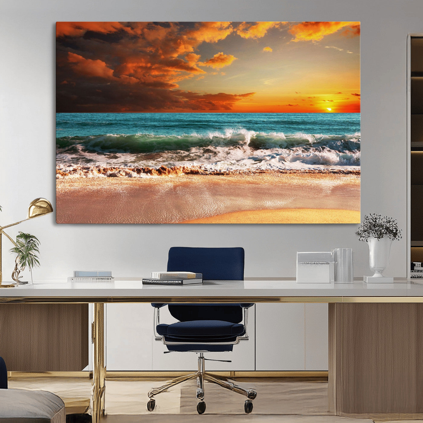 MGV-CV-36X24 - Golden Sunset Beach Canvas Wall Art – Triptych Seascape Print – Framed and Ready to Hang for Living Room or Office