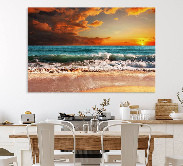 A Golden Sunset Beach triptych seascape canvas hangs on the wall.