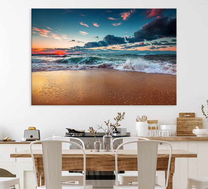 Sunset on Beach Wall Art: Waves under a vibrant sky. Crafted on museum-quality canvas, ready to hang and admire.