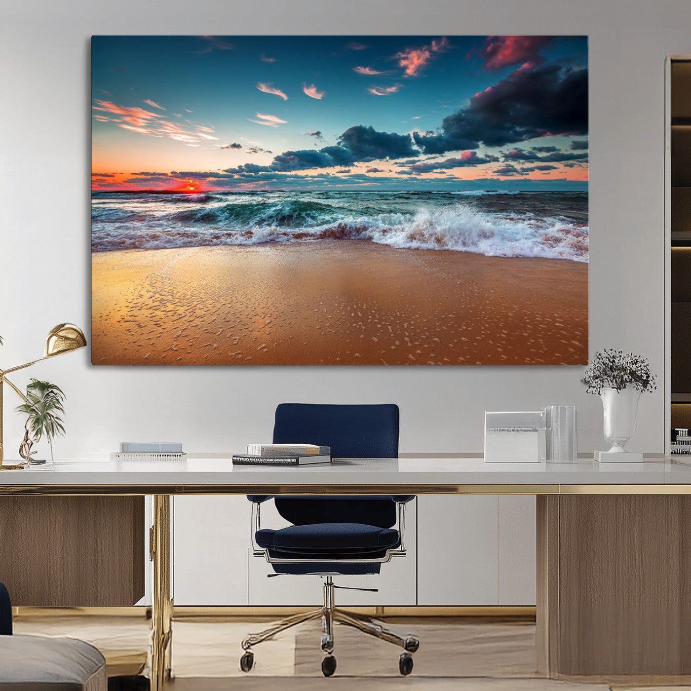 MGV-CV-36X24 - Sunset Ocean Beach Wall Art – Giclee Canvas Print, Coastal Seascape, Ready to Hang, Beach Decor, Large 3-Panel Set for Living Room