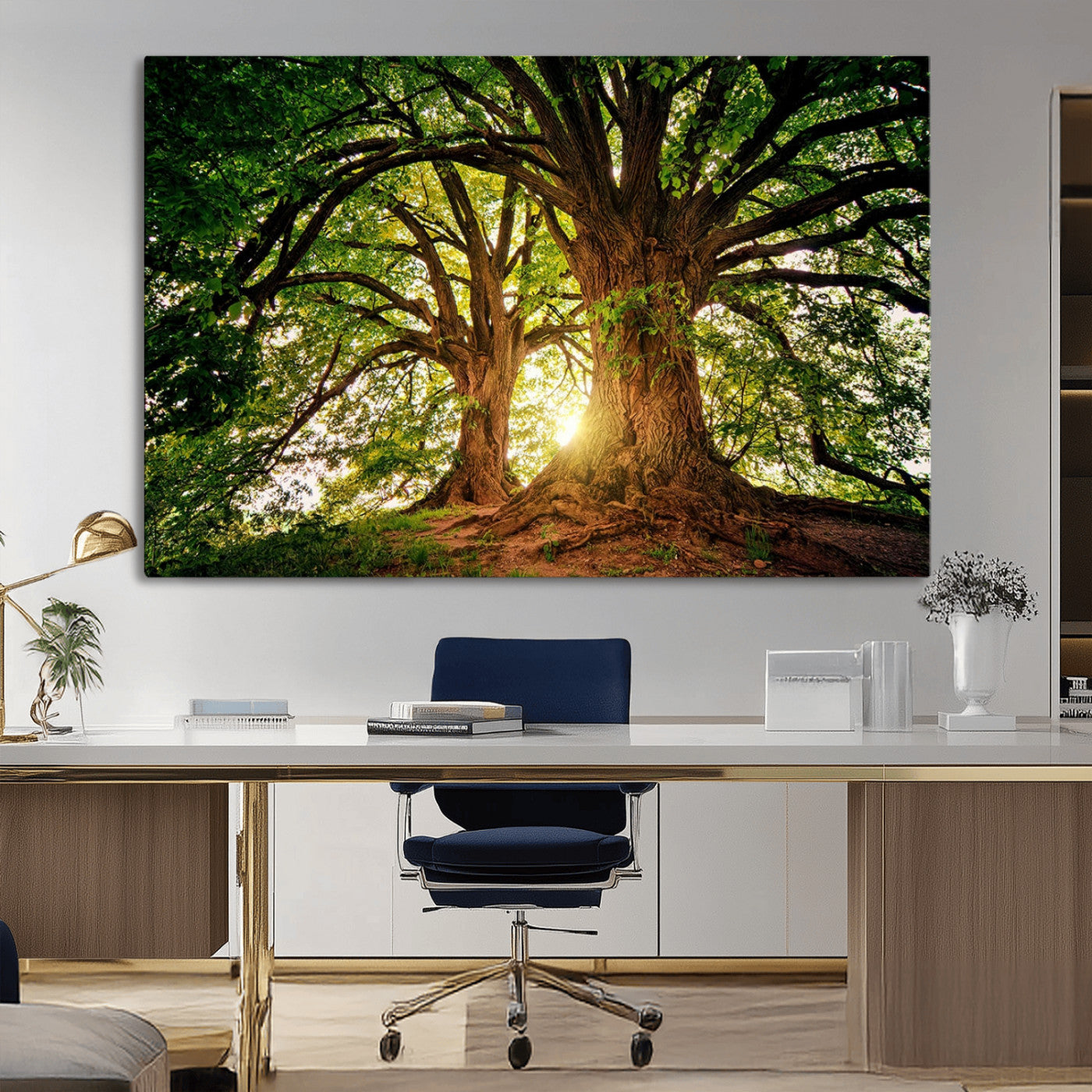 MGV-CV-36X24 - Majestic Ancient Tree Wall Art, Nature-Inspired Canvas Print, Woodland Art, Tree of Life Artwork, Sunlit Forest, Giclee Nature Print