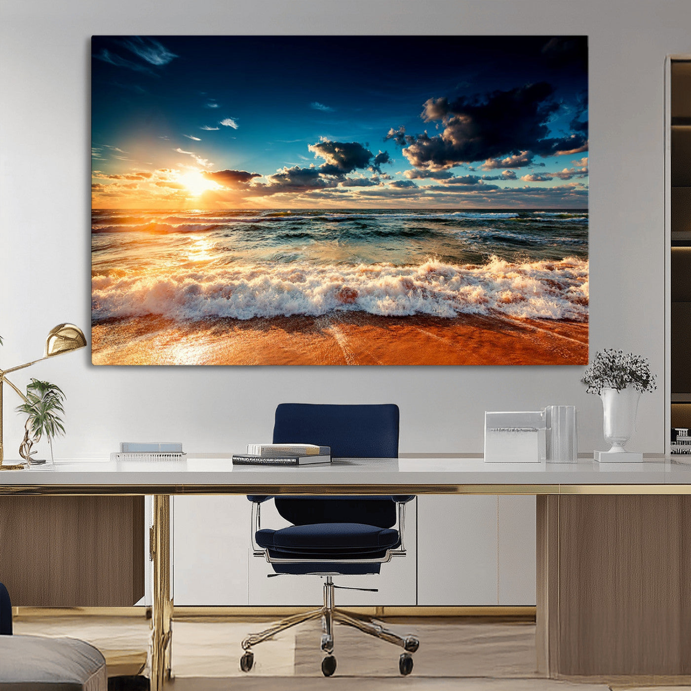 MGV-CV-36X24 - Golden Hour Sunset Over Ocean Waves Wall Art Canvas Print | 3 Panel Coastal Landscape Canvas Wall Art – Stunning Beach Photography Print
