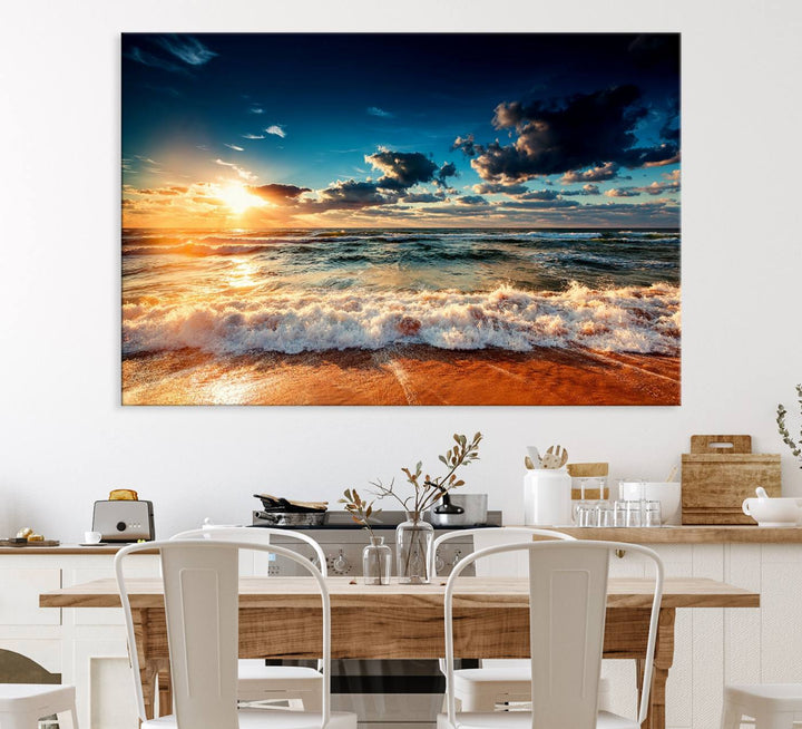 Golden Hour Sunset Over Ocean Waves Canvas: 3-Panel Coastal Landscape Art with Stunning Beach Photography Print.