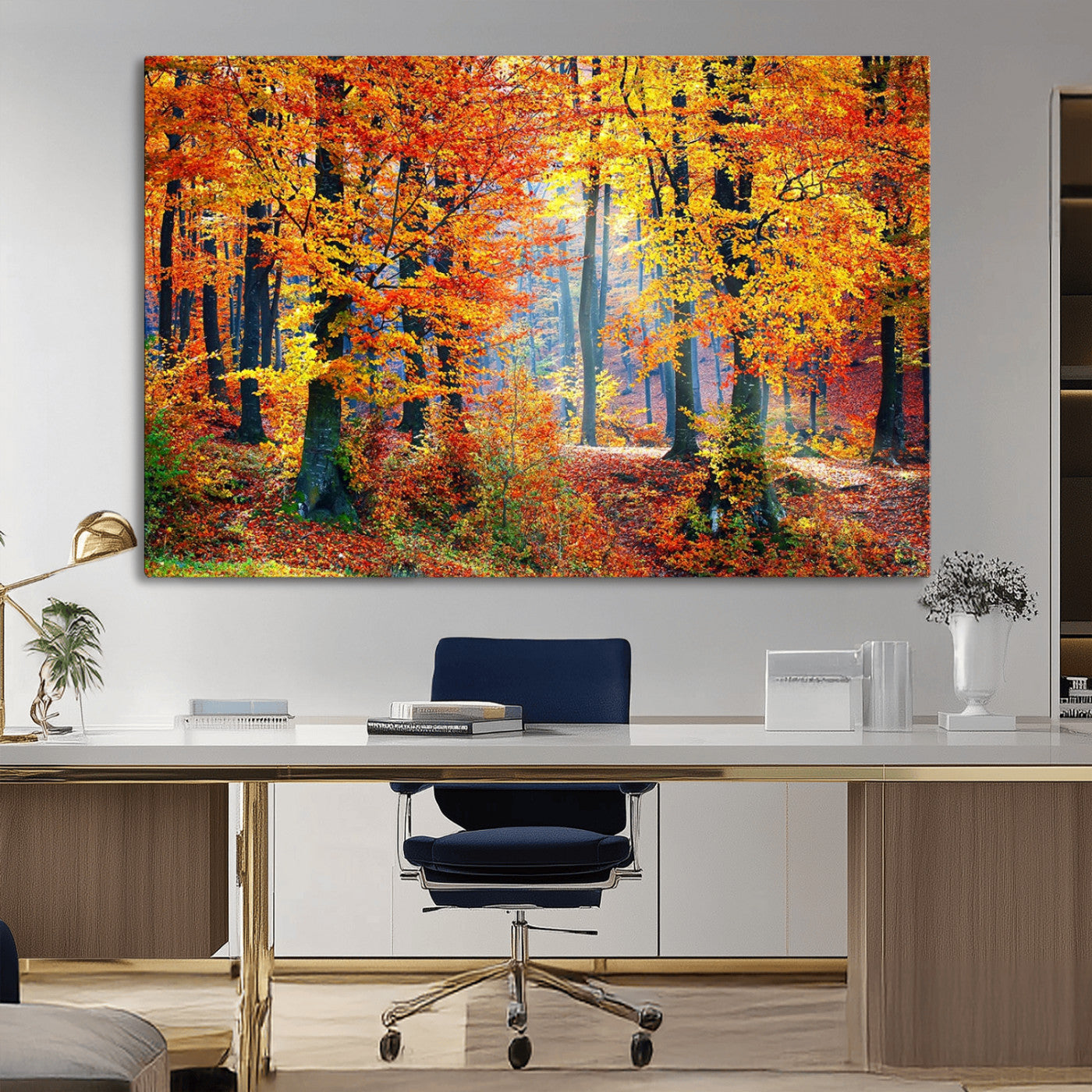 MGV-CV-36X24 - Autumn Red Forest Triptych Canvas Wall Art Print, Forest Wall Decor, Fall Landscape Art | Season Nature Landscape for Home or Office