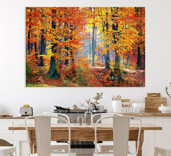 The room features an Autumn Red Forest Triptych Canvas Wall Art.