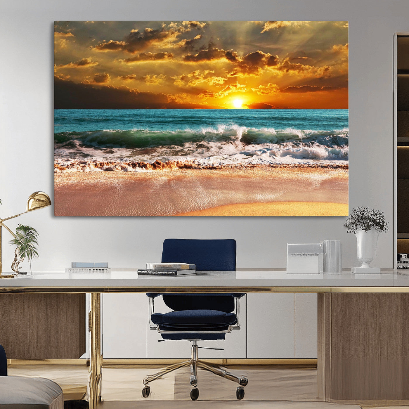 MGV-CV-36X24 - Golden Sunset Beach Canvas Wall Art – Triptych Seascape Print – Framed and Ready to Hang for Living Room or Office