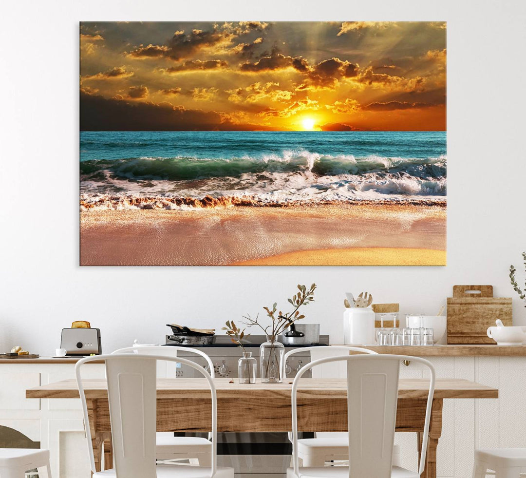 Golden Sunset Beach Canvas Triptych adorns the cozy room, creating a stunning focal point.