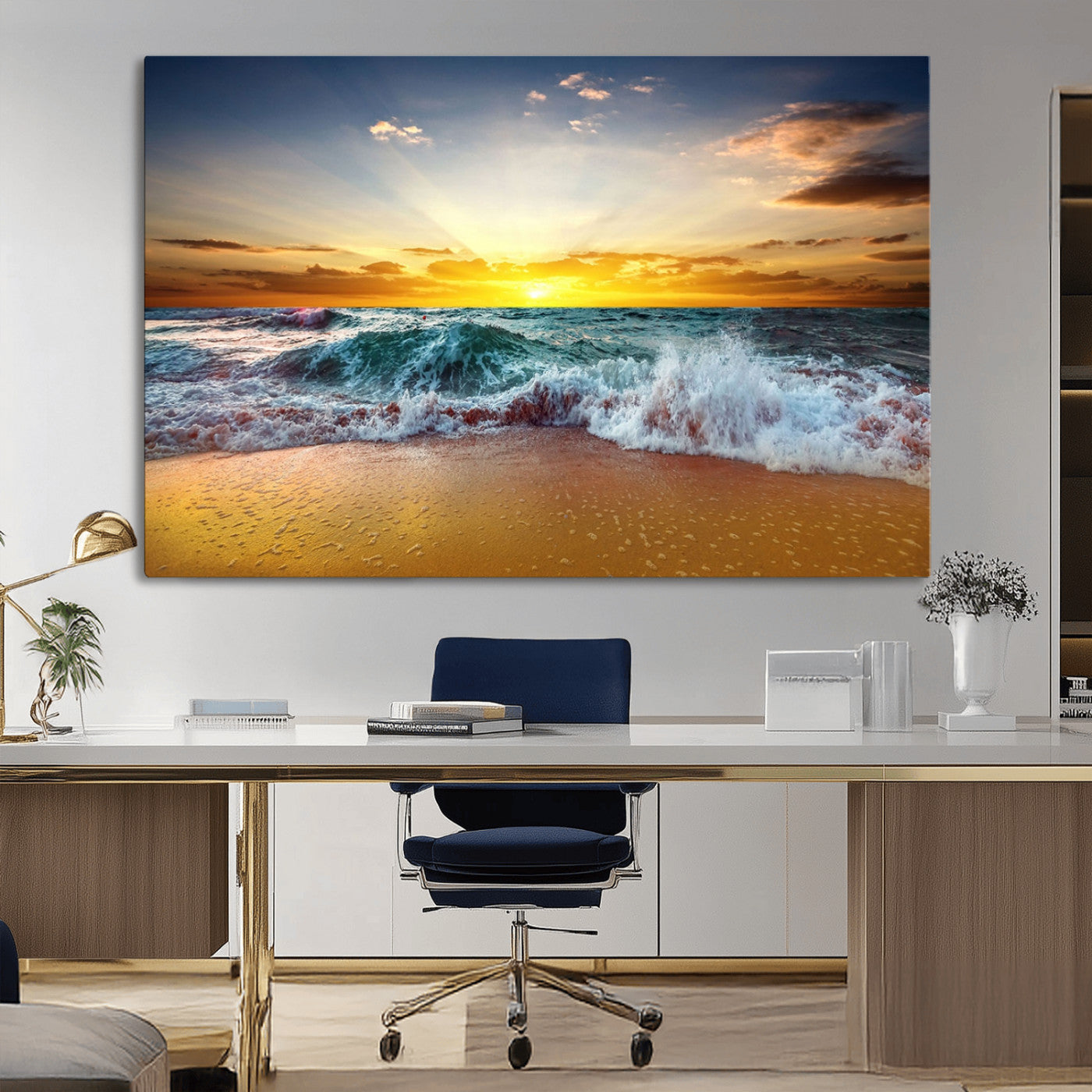 MGV-CV-36X24 - Golden Sunset Ocean Waves Wall Art Canvas Print – Multi Panel Beach Canvas Print Set – Large Coastal Triptych Print for Home or Farmhouse Decor