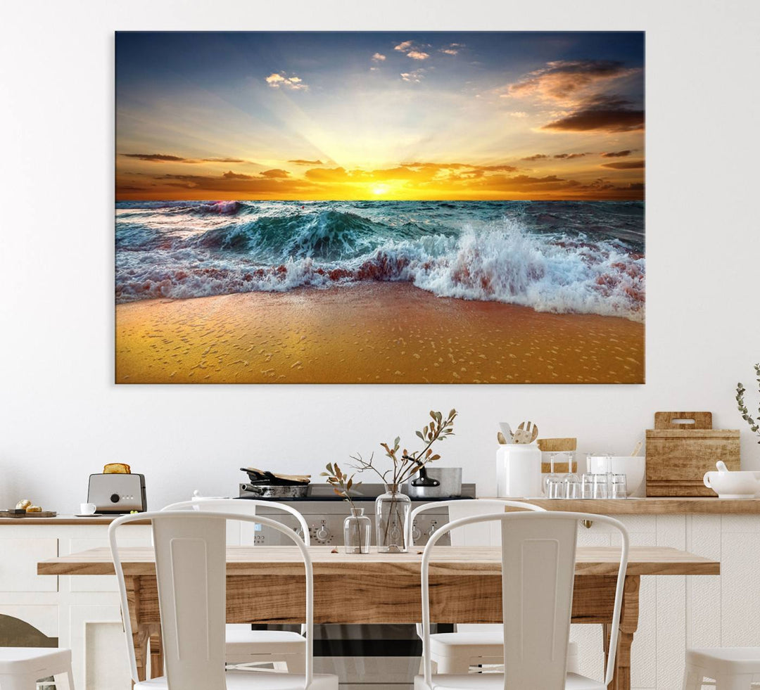 The kitchen features the Golden Sunset Ocean Waves multi-panel coastal wall art canvas.