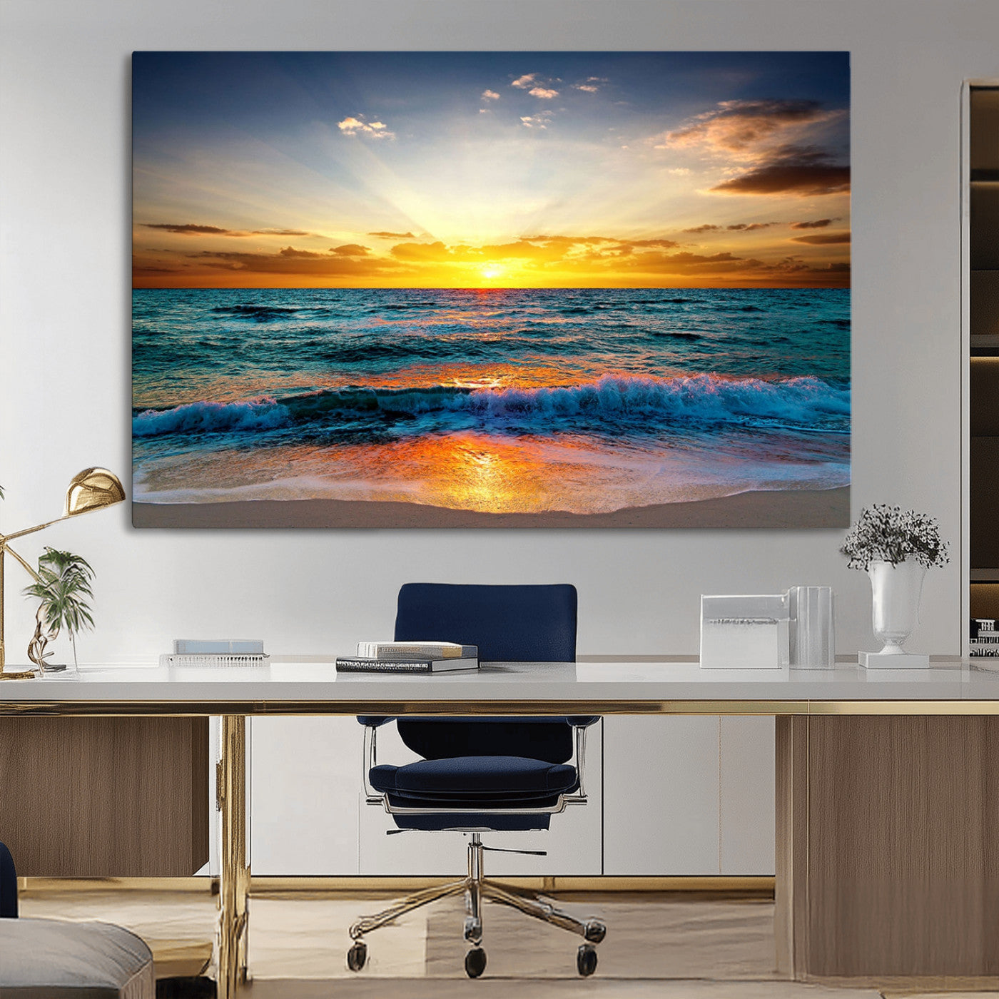 MGV-CV-36X24 - Vibrant Ocean Sunrise Over Golden Beach Waves, Giclee Canvas Wall Art Set, High-Quality Stretched Canvas Print, Ready to Hang Coastal Sunset Wall