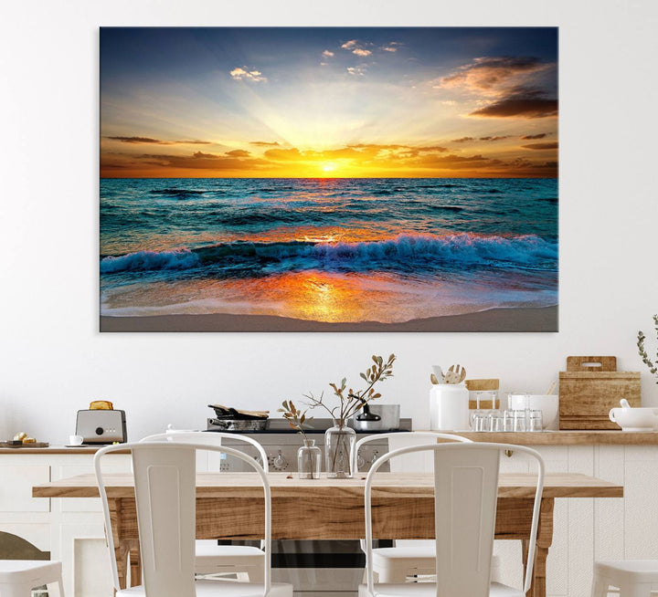 A kitchen dining area with coastal wall art.