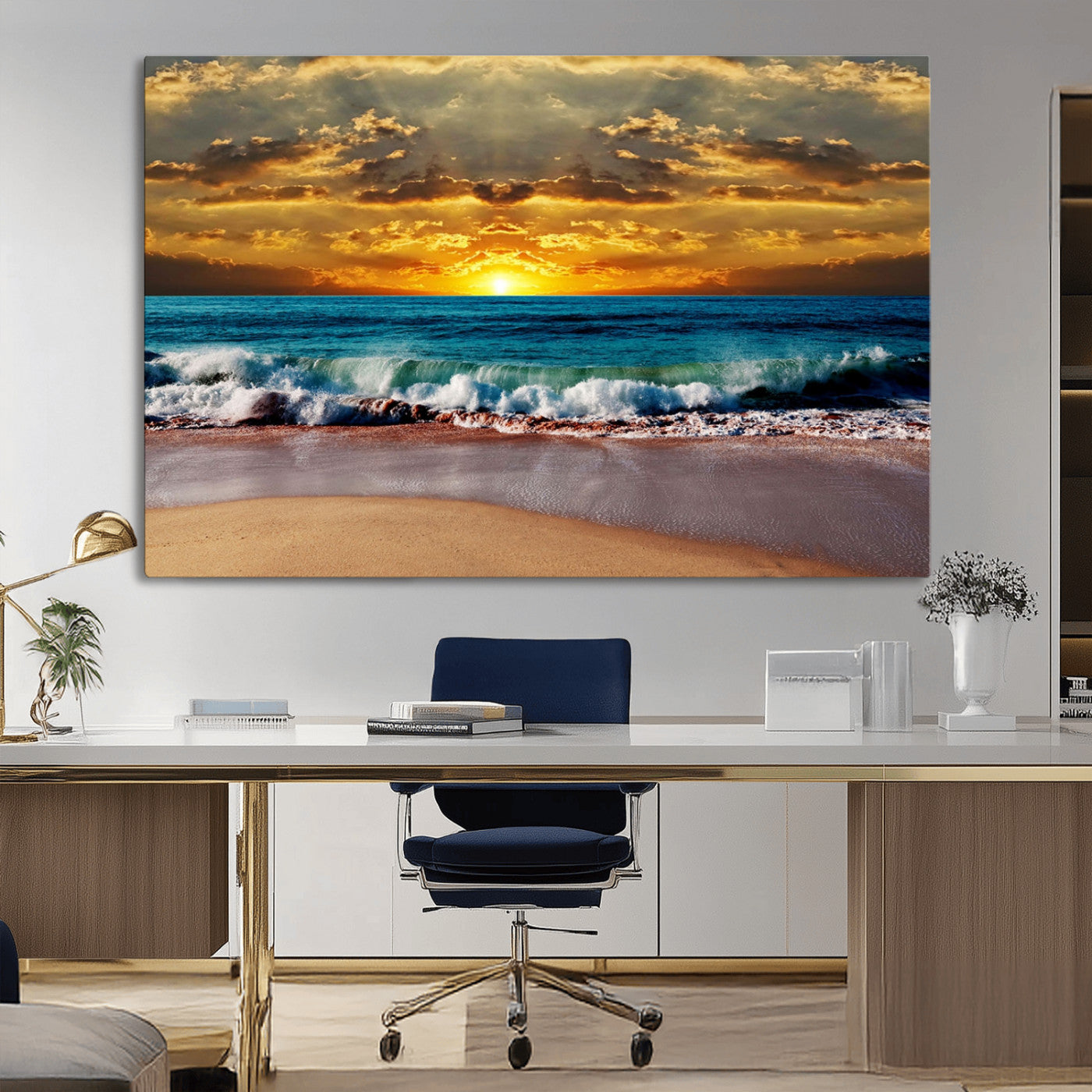 MGV-CV-36X24 - Ocean Sunrise Over Golden Beach Waves, Giclee Canvas Wall Art Set, High-Quality Stretched Canvas Print, Ready to Hang Coastal Sunset Wall Decor