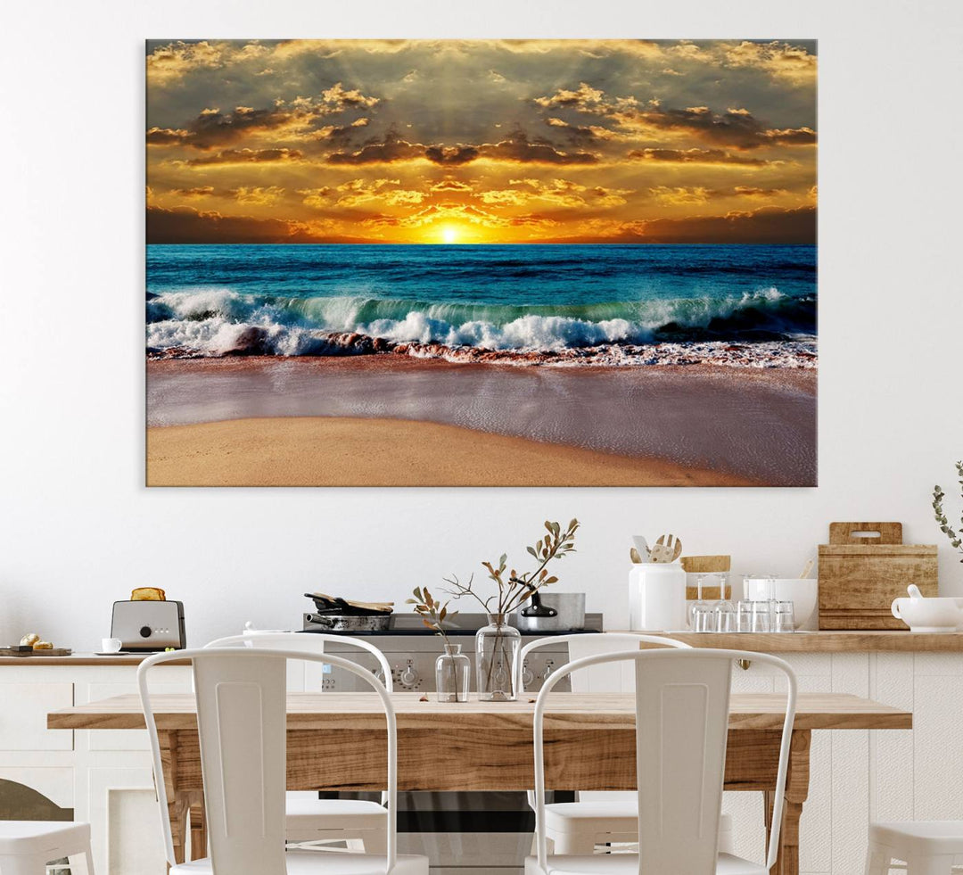 The Ocean Sunrise Over Golden Beach Waves wall art is prominently displayed, capturing the serene beauty of a beach at sunrise.