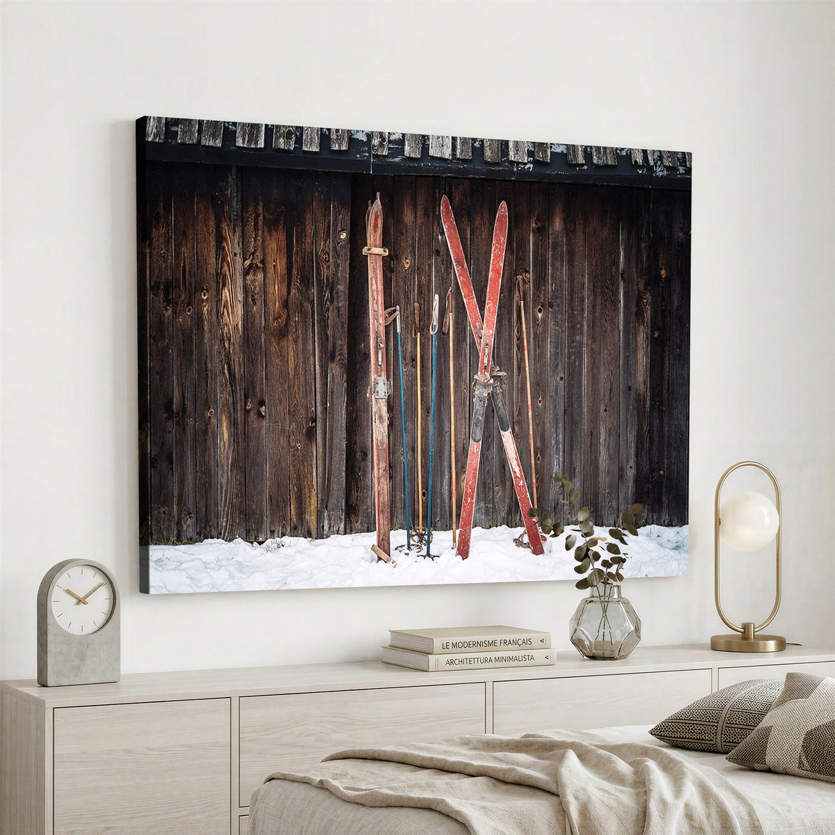78590-MGV-CV-36X24 - Vintage Ski Gear Canvas Print, Vintage Ski Gear Against Wooden Cabin Wall