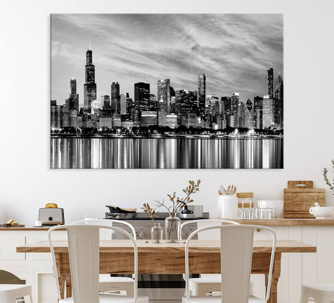 The Chicago City Cloudy Skyline Canvas Print hangs prominently.