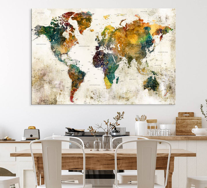 A 3-panel vintage world map canvas art is displayed.