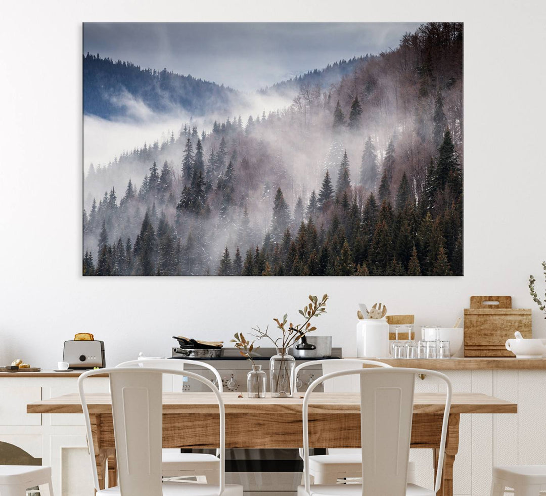 A museum-quality canvas of Beautiful Rising Fog in Winter Mountain Landscape hangs on the wall.