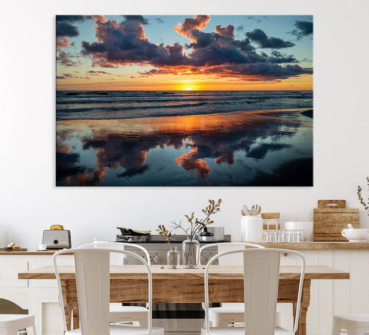 A Beach Sunset Print - Stunning Ocean Canvas Artwork adorns the wall.