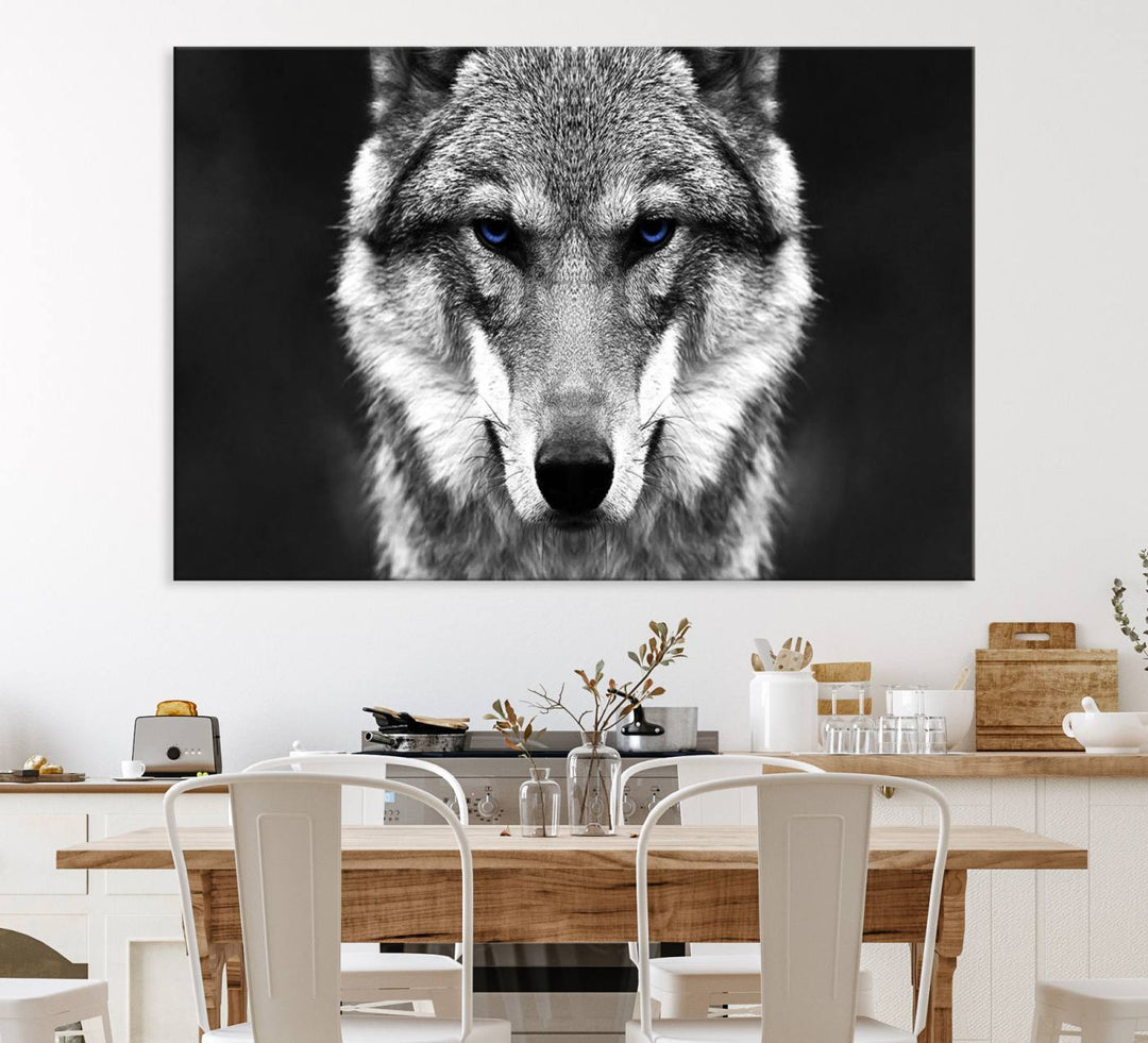 A ready-to-hang Black and White Wild Wolf Wall Art Canvas Print.