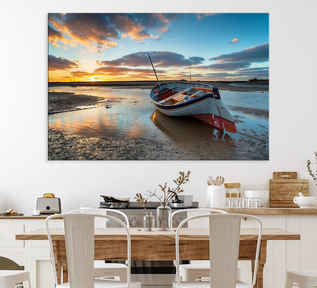 The Small Boat At The Beach Sunset wall art canvas print features UV coating, is museum-quality, and is ready to hang.