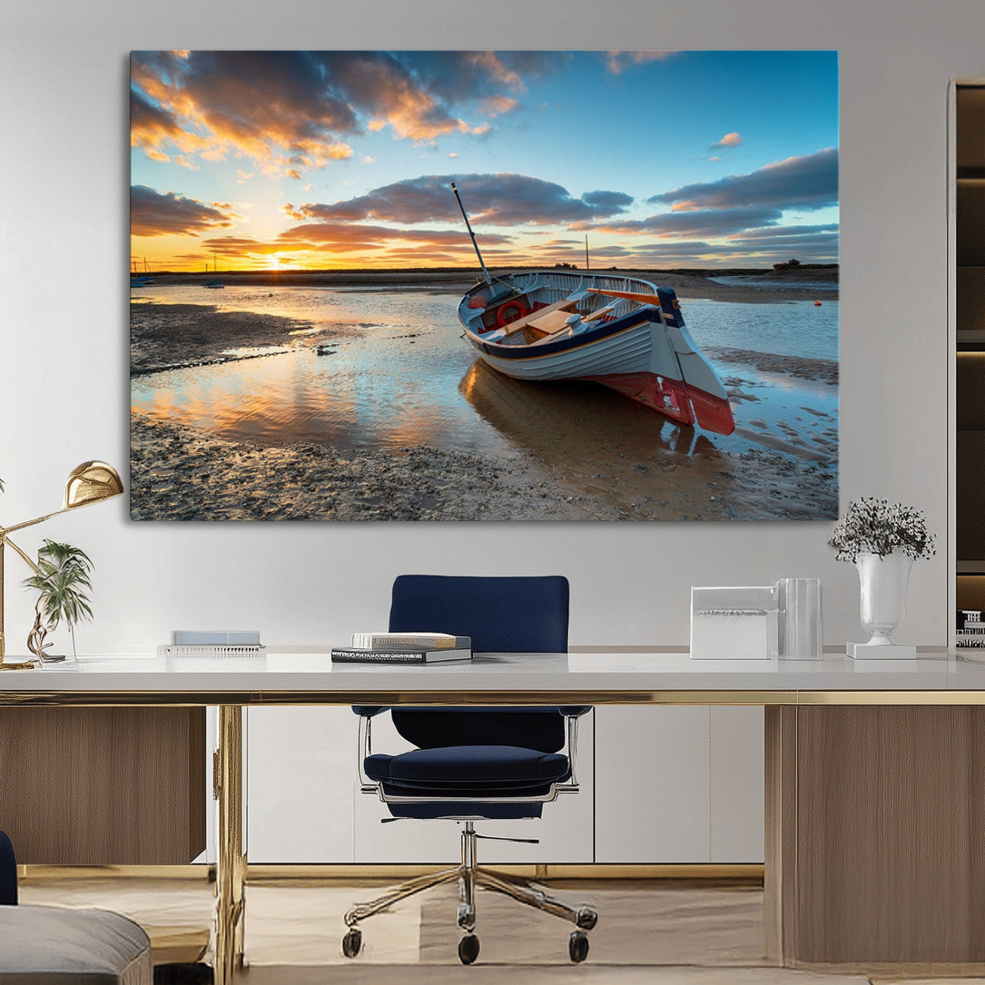 MGV-CV-36X24 - Small Boat At The Beach Sunset Wall Art Canvas Print