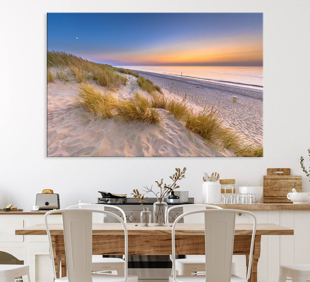 The cozy kitchen features the Sunrise On The Beach canvas art.