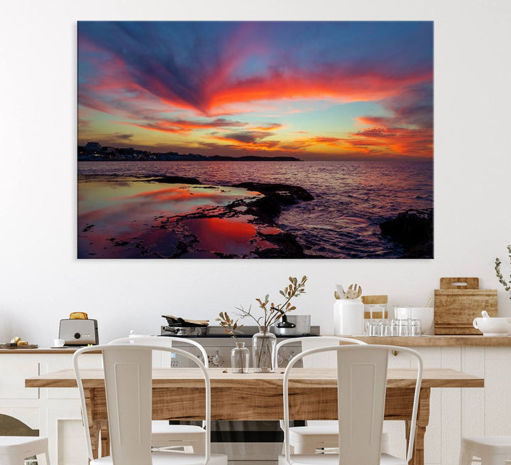 The Glorious Sunset on The Beach canvas print adorns the dining room.