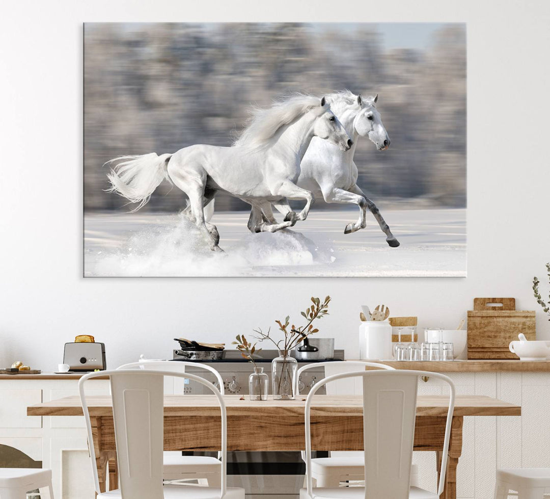 Museum-quality All The White Horses canvas print of two white horses in snow, ready to hang.