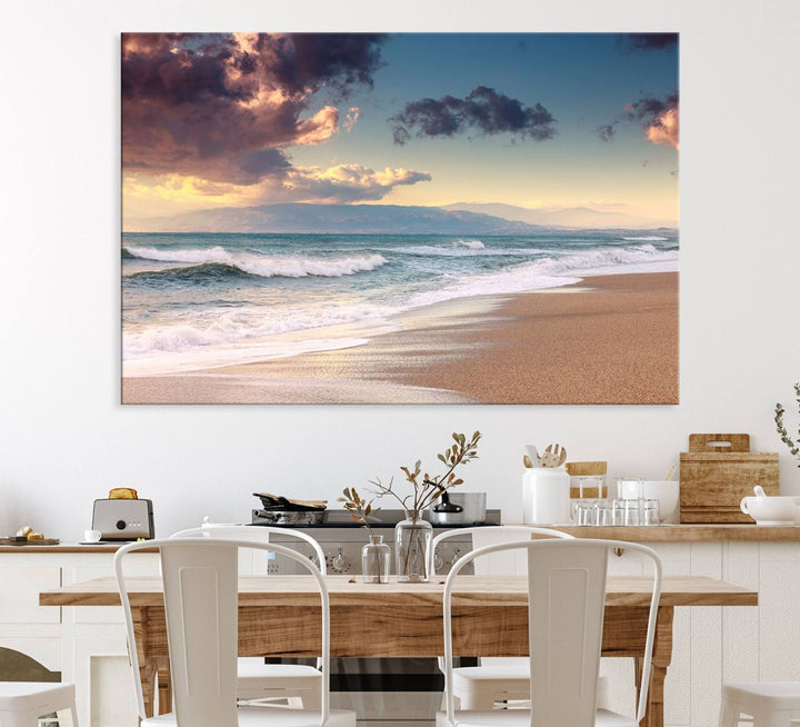 The dining area is enhanced with the Cloudy Weather Beach Sunset Canvas Print.