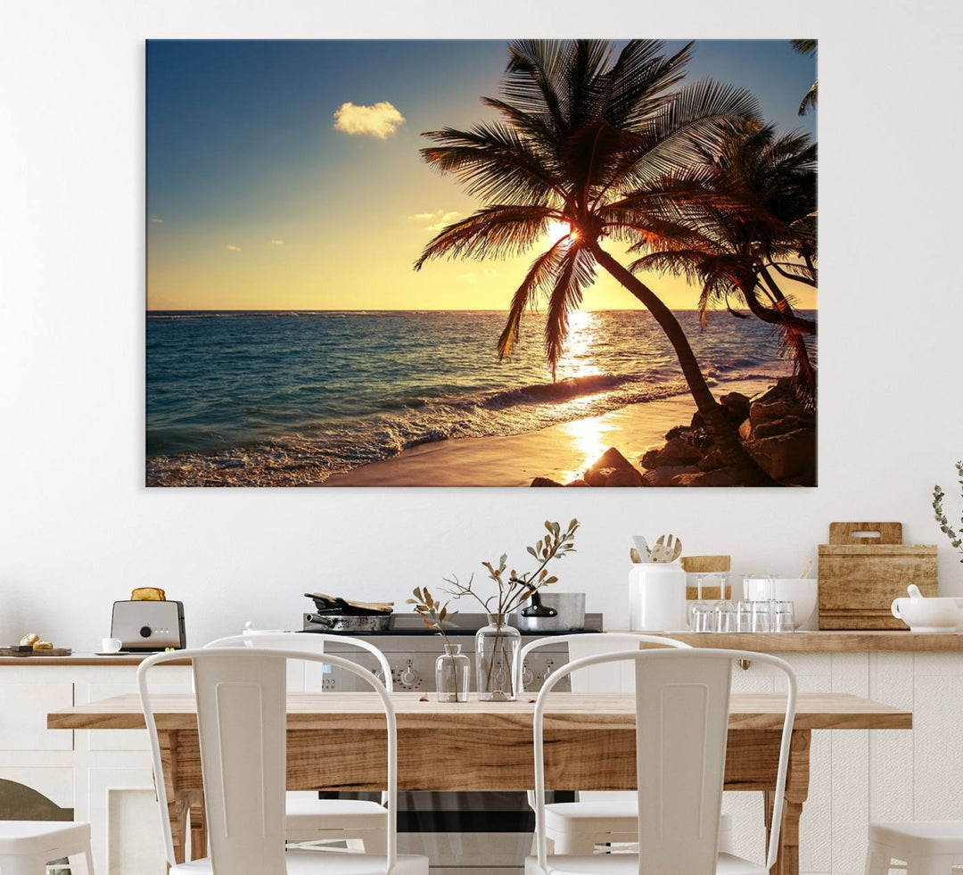 Sunset Palm Trees Wall Art Canvas Print: a serene beach scene on museum-quality canvas.