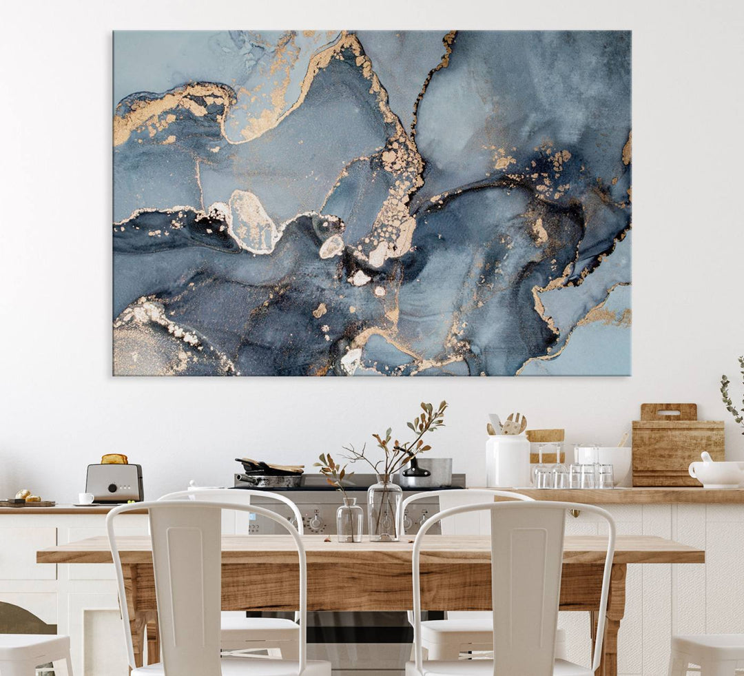 A Multipanel Marble Fluid Effect Canvas Print hangs prominently on the wall.