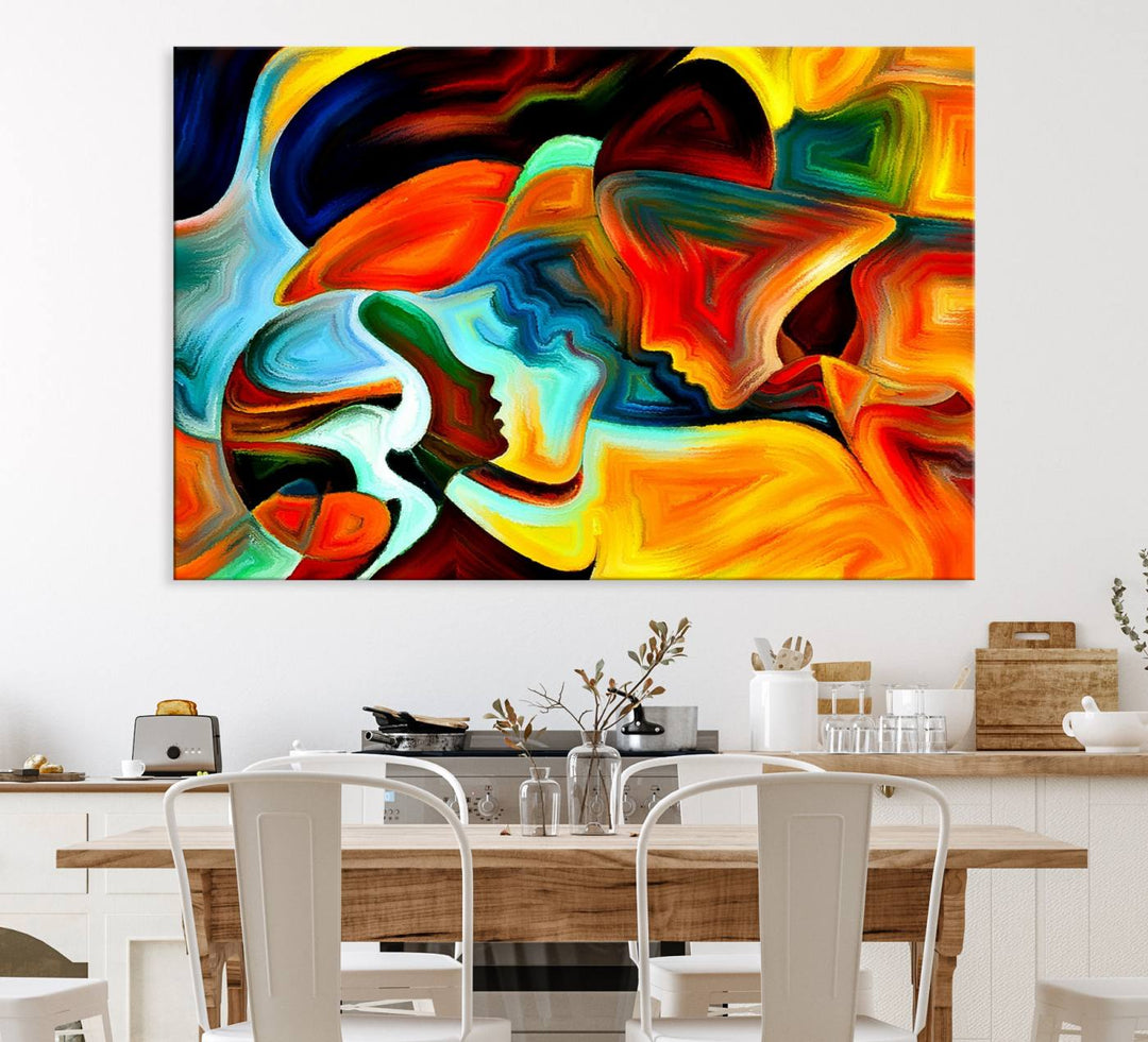 The kitchen wall features the Human Love Figures Abstract Wall Art Canvas Print.