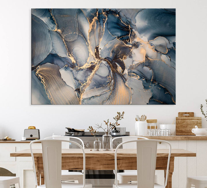 Abstract wall art canvas print is displayed prominently, adding a modern touch to the decor.