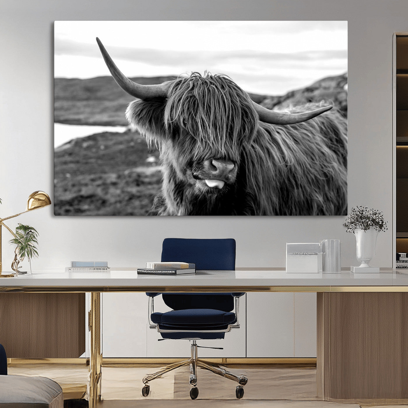 MGV-CV-36X24 - Highland Cow Canvas Wall Art – Black and White Animal Portrait – Framed and Ready to Hang Rustic Farmhouse Decor for Living Room or Office