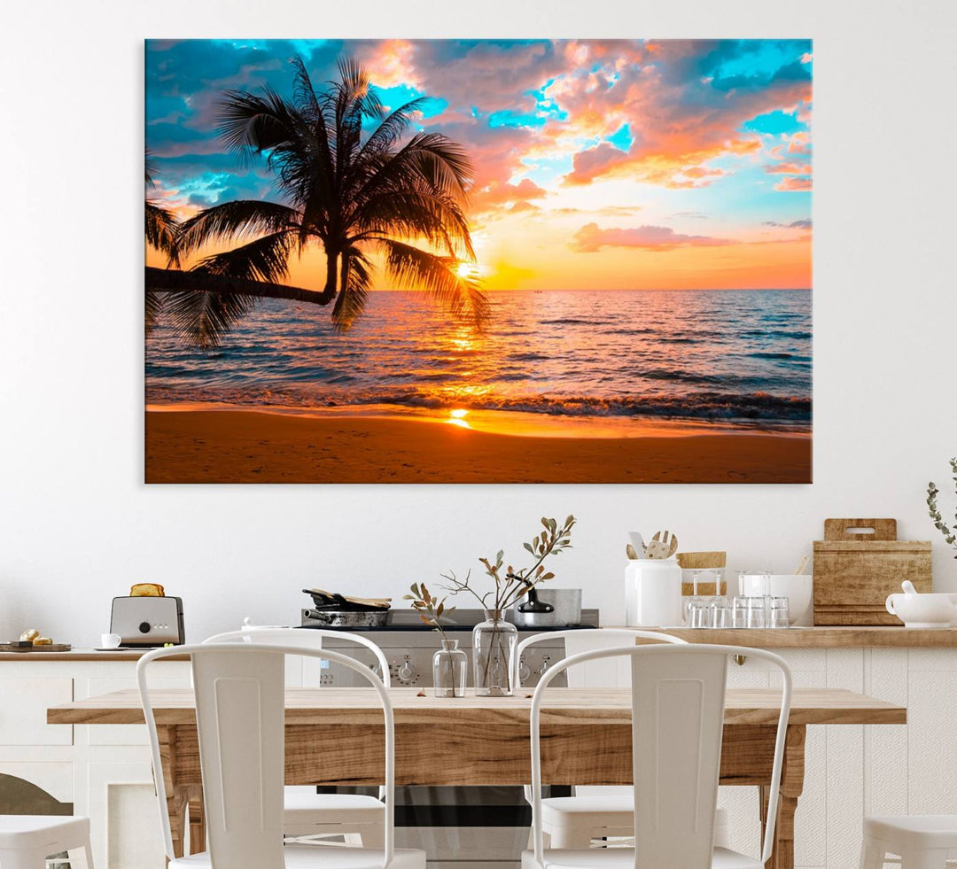 The Palm Tree Sunset On The Beach ready-to-hang canvas wall art—museum quality—brings a serene atmosphere to the room.