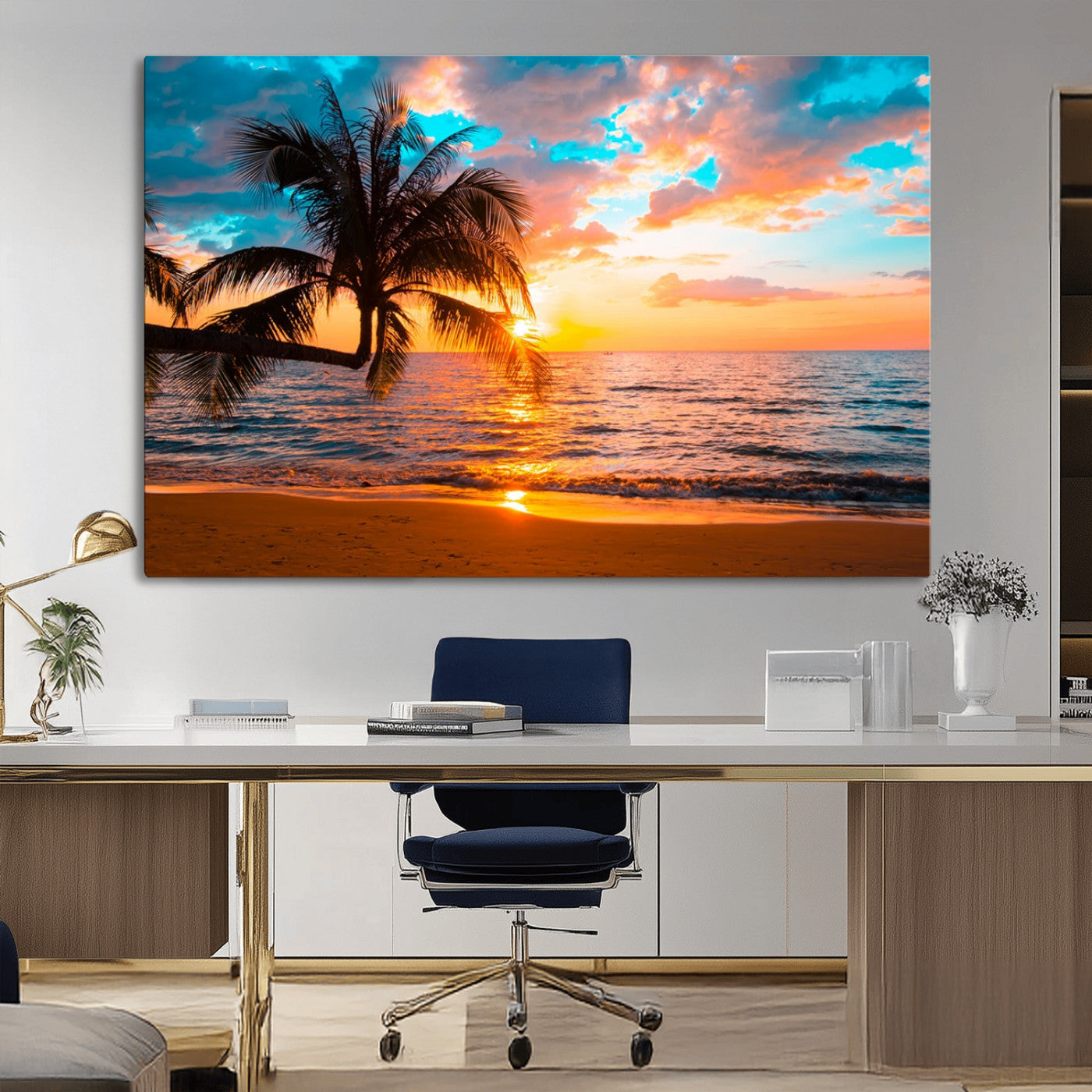 -Palm Tree Sunset On The Beach Wall Art Canvas, Framed Palm Tree Sunset Canvas Print